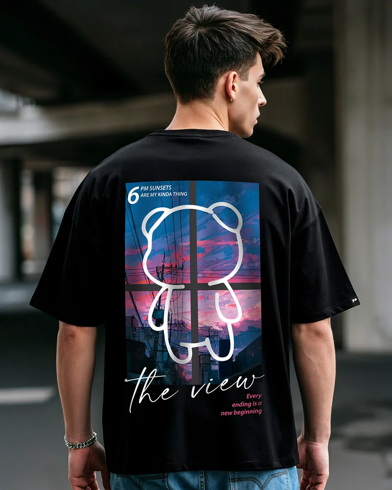 bewakoof Men's Black The View Graphic Printed Oversized T-shirt